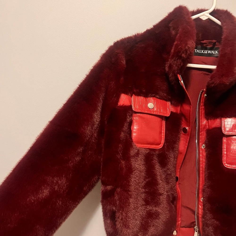 🎉🎉Red Contrast Trim Faux Croc Leather & Faux Fur Snap Button Front Zipper Moto - Picture 5 of 17
